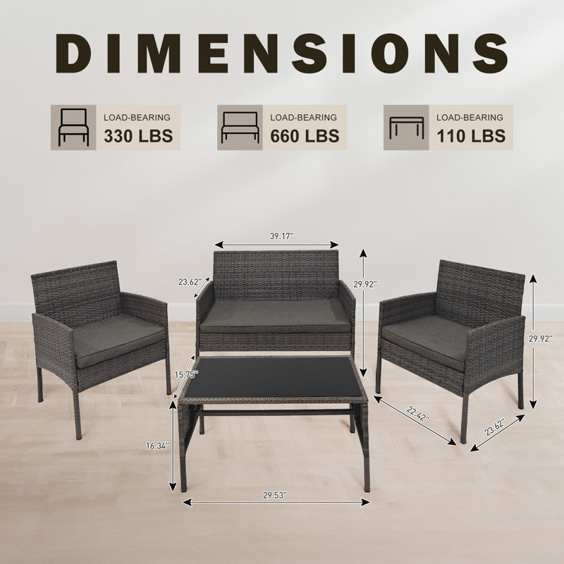 Ensemble de conversation avec canapé et coussins en rotin 4 pièces, gris