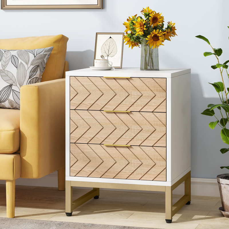 Modern Nightstand 3 Drawers Bedside Table, White/Beige/Gold