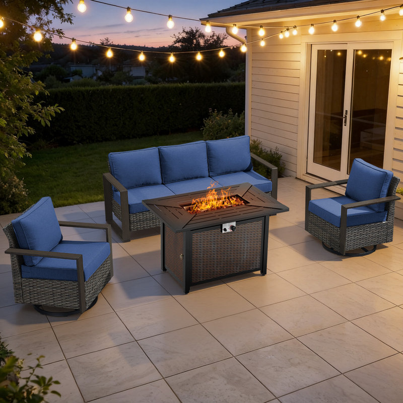 Drazen 5 - Person Patio Furniture Set With Fire Pit Table, All-Weather Wicker Outdoor Conversation Set With Chair And Thick Cushions