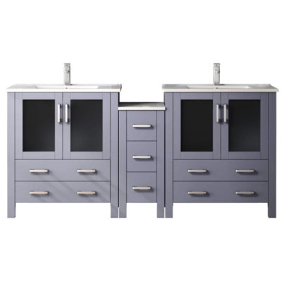 Dark Grey Double Bath Vanity 72 In. Wide, Side Cabinet, White Ceramic Top, Faucet Included, Soft Close, Two Interior Cabinets, Seven Drawers, Stain - Countertop, Stainless Steel W In Grey, , Close