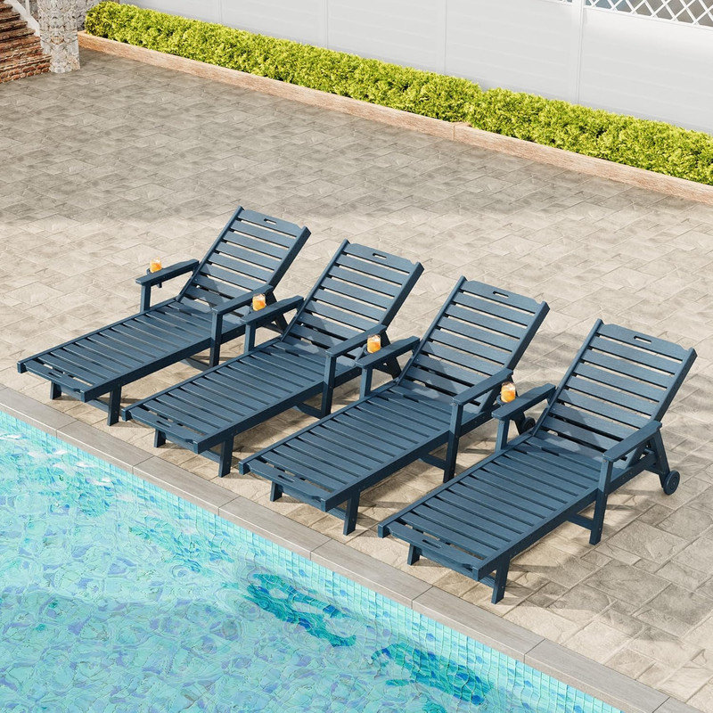 Méridienne d'extérieur surdimensionnée avec roues et dossier réglable à 5 positions avec 4 chaises, méridienne en PEHD et porte-gobelet pour piscine