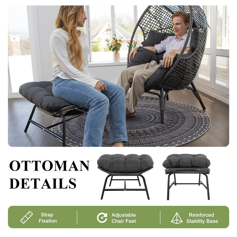 Brose Bagryana 2-Piece Outdoor Wicker Egg Chair Set with Ottomans and Cushions, Gray/Gray
