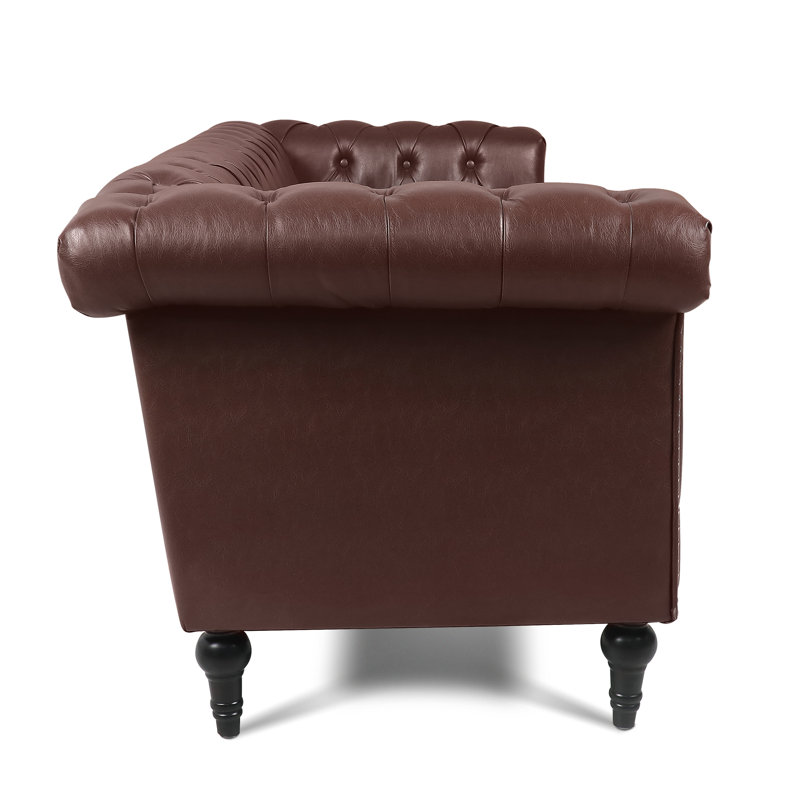Husani Faux Leather Rolled Arms Chesterfield Sofa, Dark Brown Faux Leather, 3