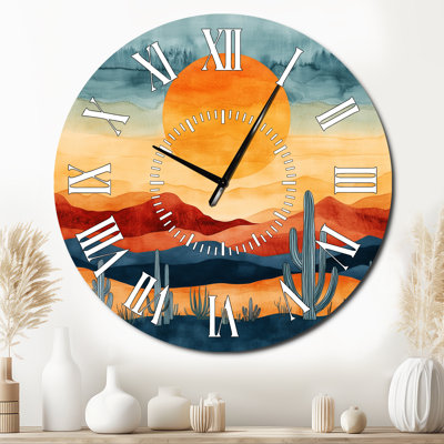 Horloge murale en métal de style sud-ouest américain « Coucher de soleil rétro sur les lignes du désert II ».