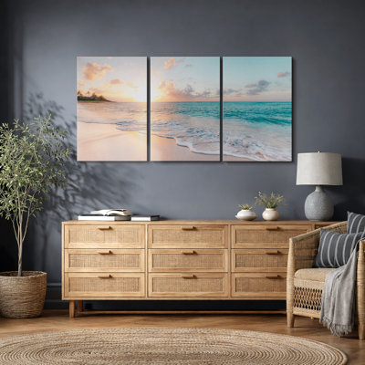 «Aesthetic Sunset on Teal Ocean Coastal Beach Shore», impression sur toile 3 pièces, triptyque, art mural