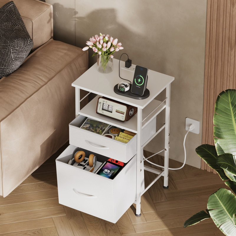 Nightstand  With Charging Station, USB Ports And Outlets Bedside Side Tables With Fabric Drawers, Set of 2, White