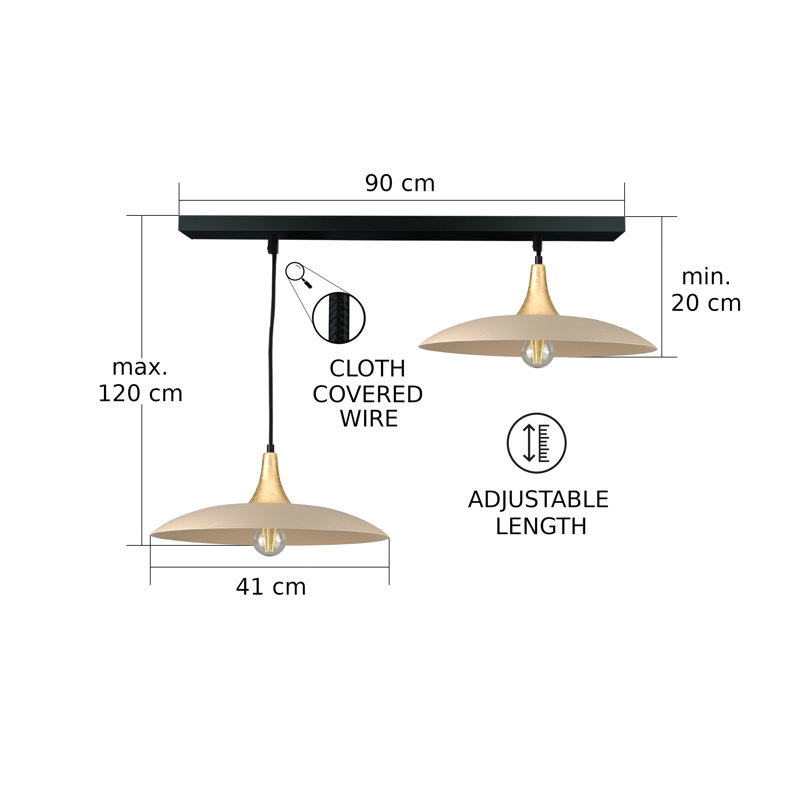 - Light Matte Black Dome Pendant, 120cm H x 110cm W x 41cm D, 2 Lights, Gold/Latte