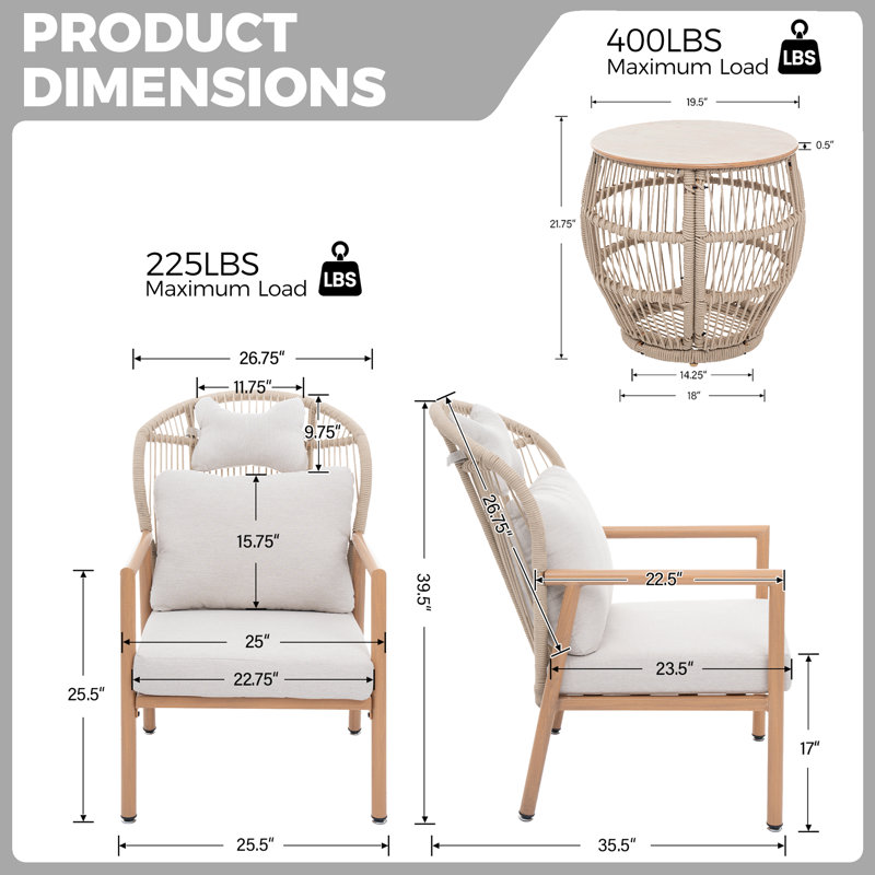 2-Person Patio Conversation Set with Cushions, Outdoor Furniture Rope Woven Chairs with Coffee Table, Natural Wood/Beige