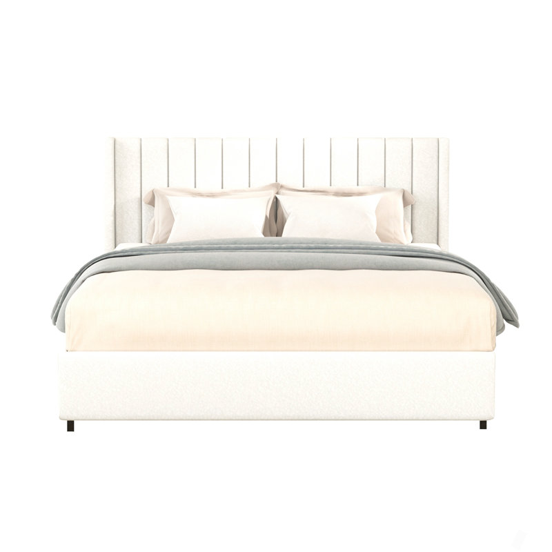 Grand lit plateforme tapissier ivoire avec rangement à 4 tiroirs breveté, tête de lit capitonnée, support de matelas à lattes en bois, aucun sommier requis