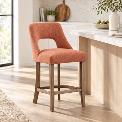 Ensemble de 2 tabourets de bar modernes rembourrés, hauteur du comptoir, pieds en bois, pour îlot de cuisine et salle à manger, orange