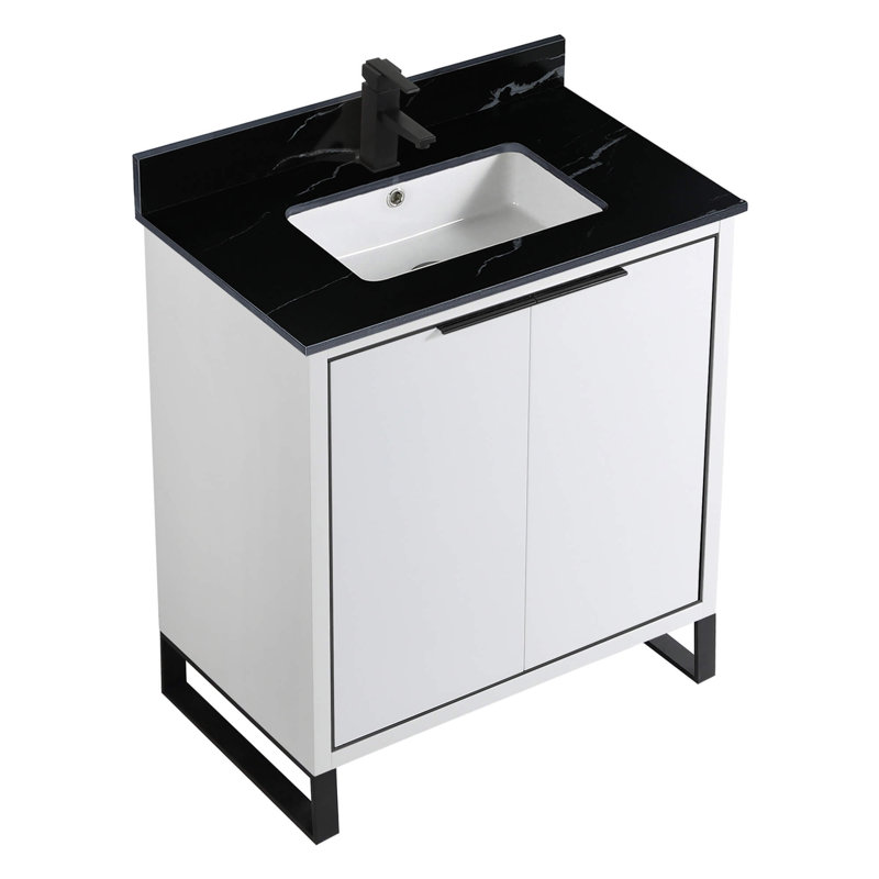 Gesa 30'' Single Bathroom Vanity with Stone Top, White Matte, Satin Brass