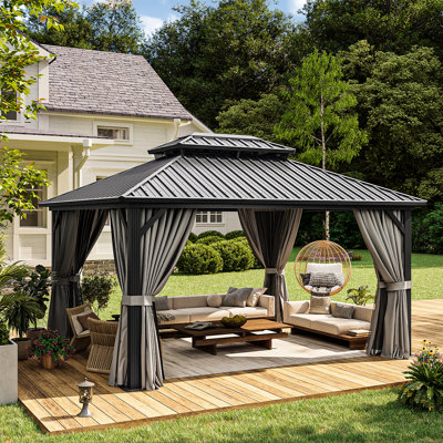 14 pi. L 12 pi. D Pavillon de jardin à double toit avec lumières à énergie solaire