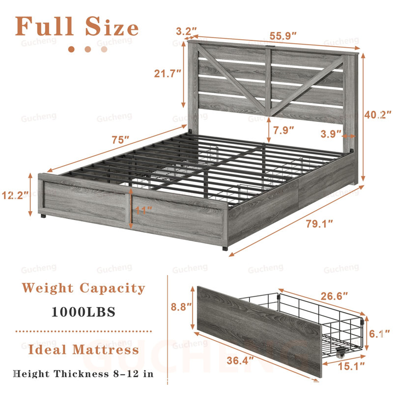 Base de lit pleine grandeur avec tiroirs spacieux et éclairage à DEL, support de matelas en métal antidérapant, base à lattes robuste