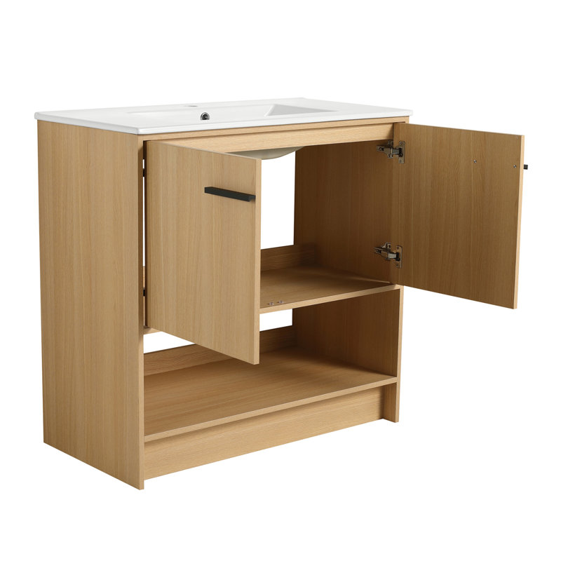 Meuble-lavabo 36 po avec lavabo en céramique, 2 portes à fermeture douce, meuble-lavabo autoportant, contreplaqué, Chêne