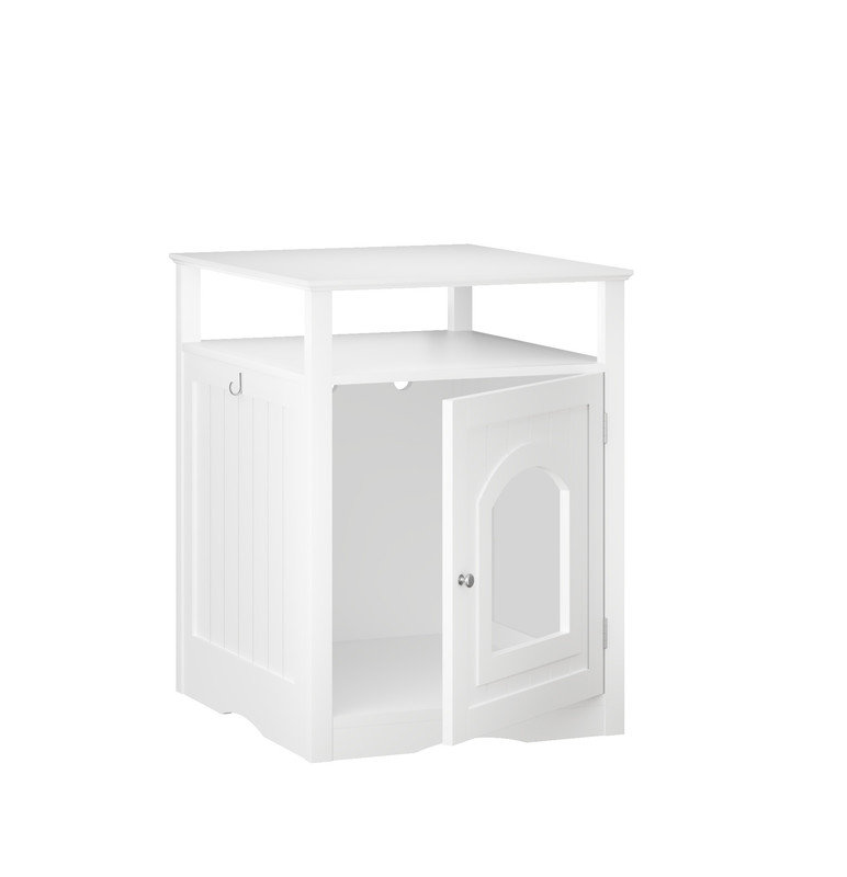 Meuble de litière pour chat, maison de chat en bois avec armoire fermée, litière cachée avec tablette de rangement, table d'appoint moderne pour salon ou chambre à coucher - blanc