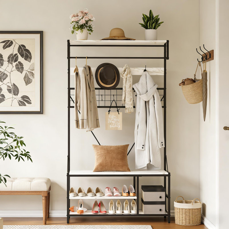 Arbre d'entrée 5 en 1 avec banc et rangement pour chaussures pour couloir chambre à coucher, Blanc