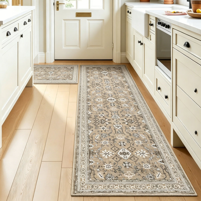Non-Slip Washable Farmhouse Kitchen Rug Set of 2, Rubber Bottom, Beige