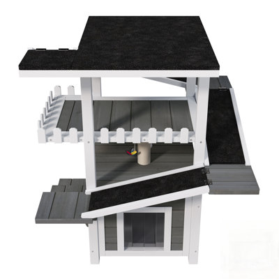Maison pour chat à 4 niveaux avec toit imperméable, 2 portes et zones de jeu à plusieurs niveaux pour petits animaux