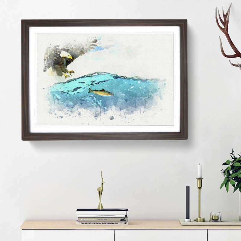Eagle Hunting for Fish - Picture Frame Graphic Art Print, Walnut Framed, 62cm H x 87cm W x 2cm D