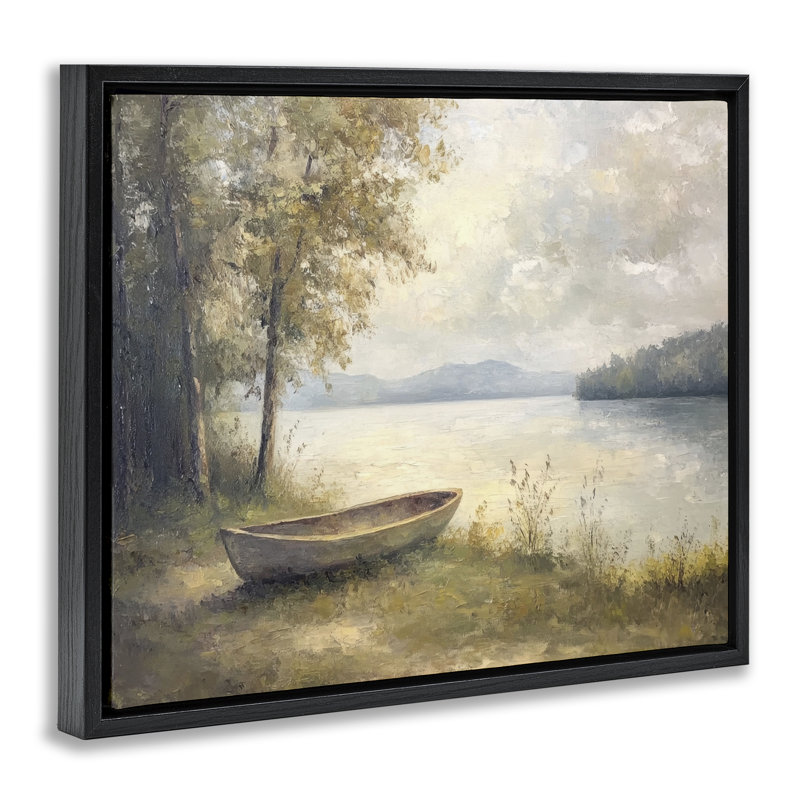 Bateau flottant au bord du lac, conception par Petal Prints Design, H 25 po x l 31 po, Cadre flottant noir de jais