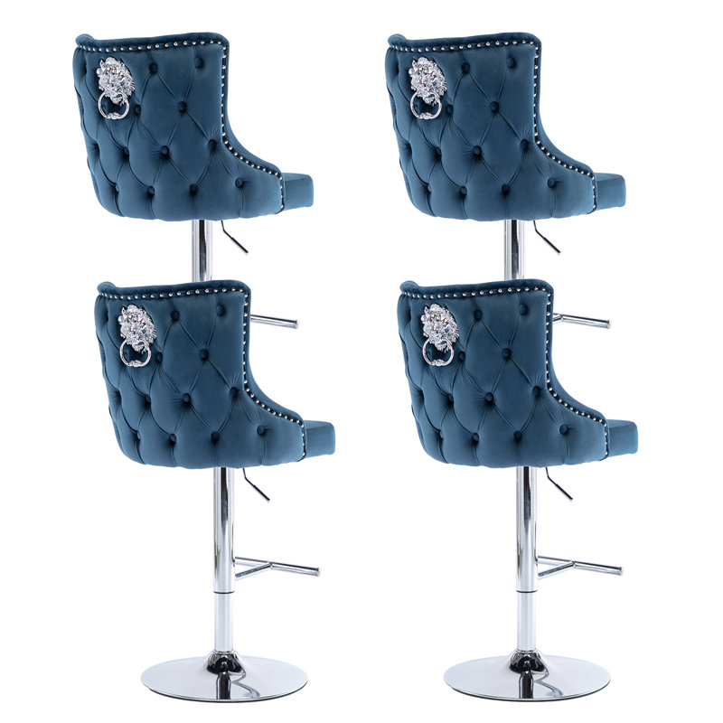 Glazer Swivel Upholstered Adjustable Height Bar Stool, Blue / White / Grey
