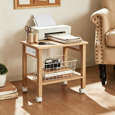 Support pour imprimante sous le bureau à 2 niveaux avec station de charge, chariot pour imprimante à roulettes avec tablettes de rangement et roues verrouillables pour bureau à domicile, bois naturel