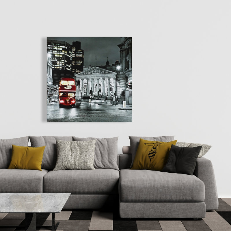 Grayscale Pantheon with Red Bus - Hyperrealist Canvas Art