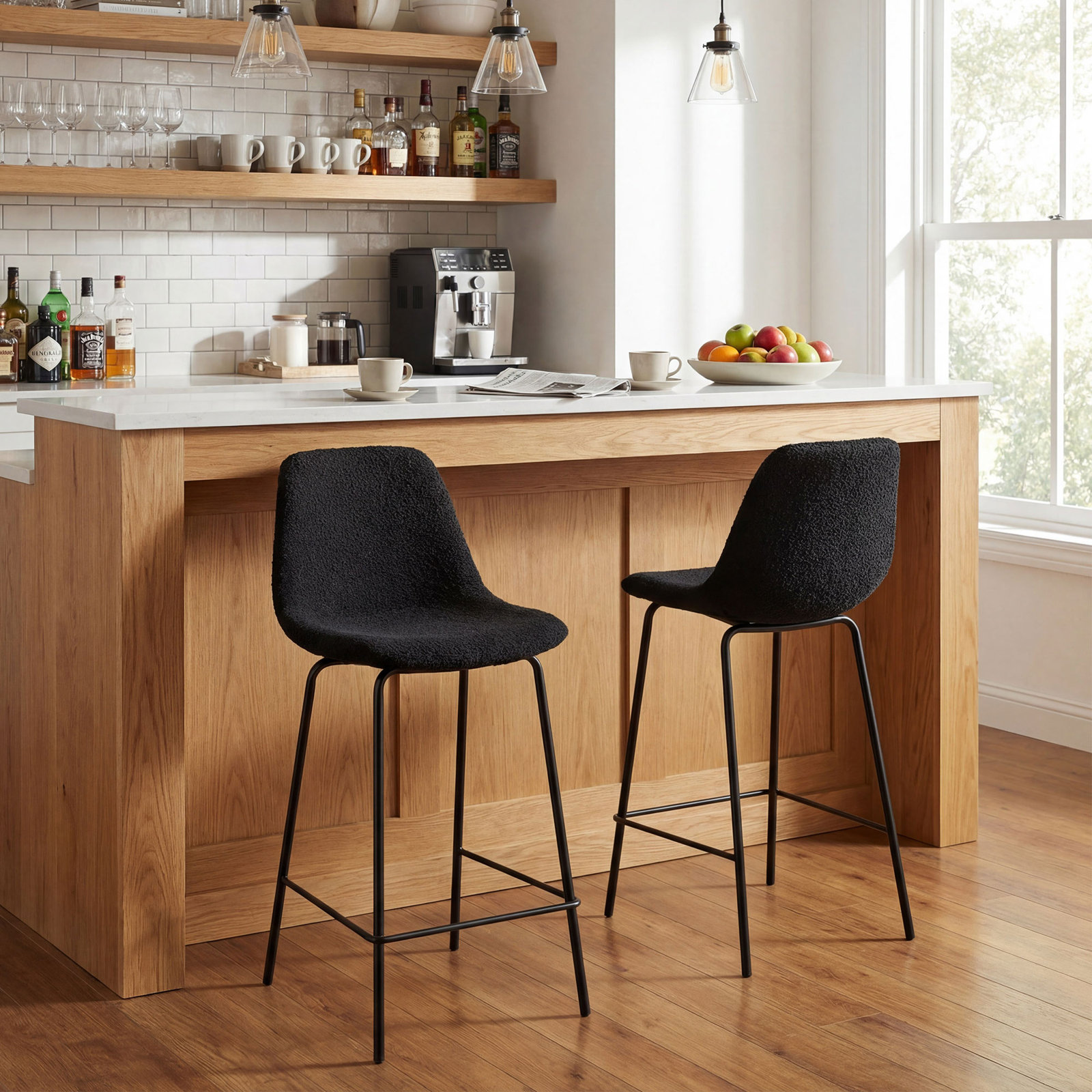 Kavi Bar Stool, Black Boucle, Counter Stool (24" Seat Height)