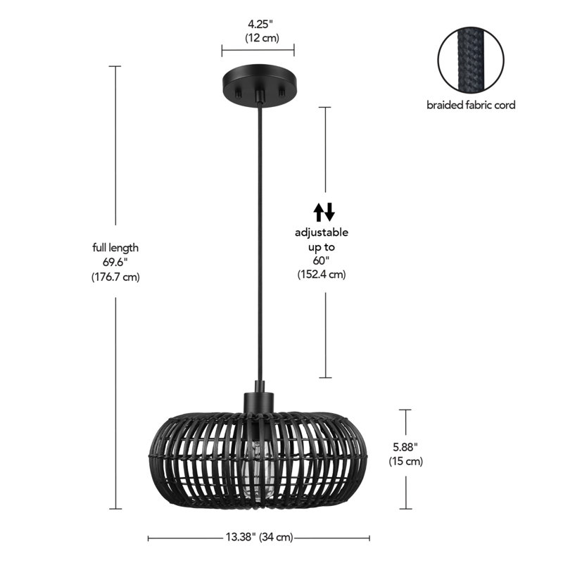 Luminaire suspendu noir mat 1 lumière avec abat-jour en rotin Baney