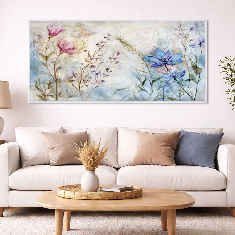 Toile de fleurs en fleurs, art mural Spring Meadow, printemps fleurs sauvages, H 28 po x l 60 po, Cadre flottant blanc