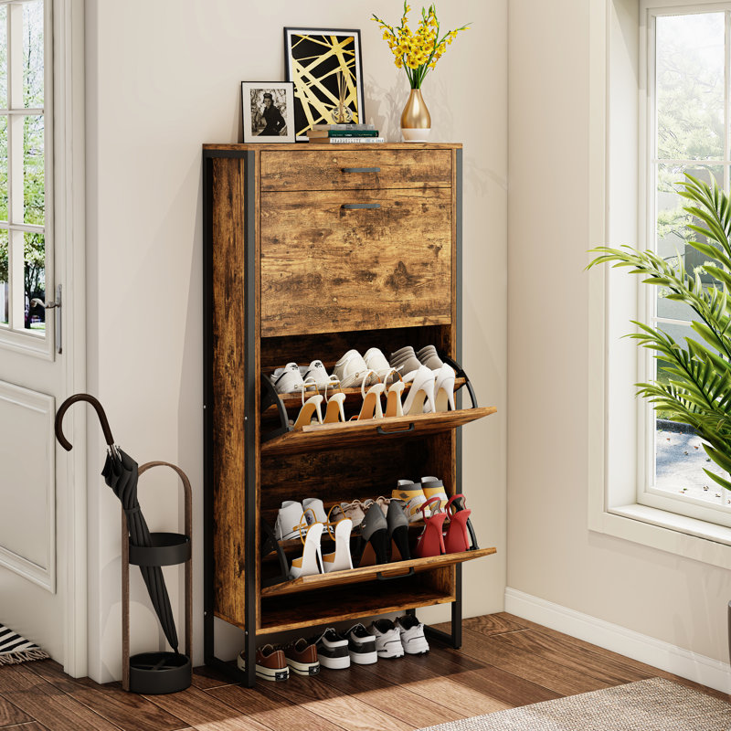 Organisateur de chaussures rustique brun avec 3 tiroirs rabattables et un tiroir de rangement fonctionnel à poignée en métal pour un usage domestique