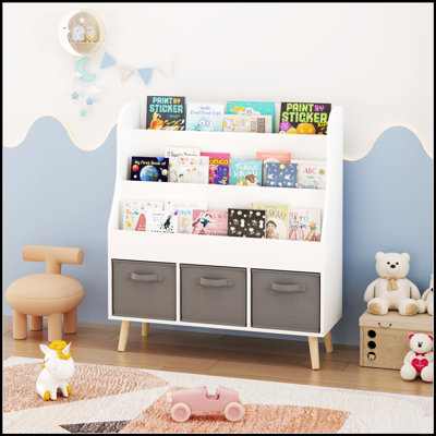 Bibliothèque pour enfants avec 3 bacs de rangement en tissu, présentoir à livres en bois blanc pour tout-petits et enfants, bibliothèque avec pieds en pin