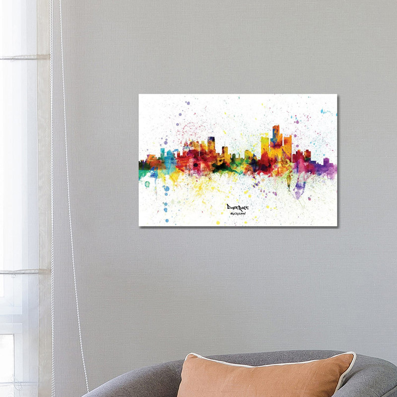 Detroit Michigan Skyline Splash by Michael Tompsett - 1 Piece Wrapped Canvas Painting, 66.04 cm H x 45.72 cm W