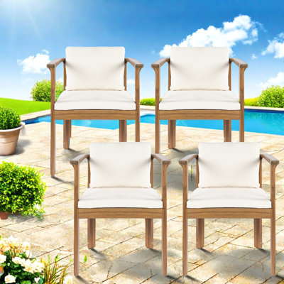 Ensemble de 4 chaises de salle à manger de patio moderne, teck en bois d'acacia, coussins crème