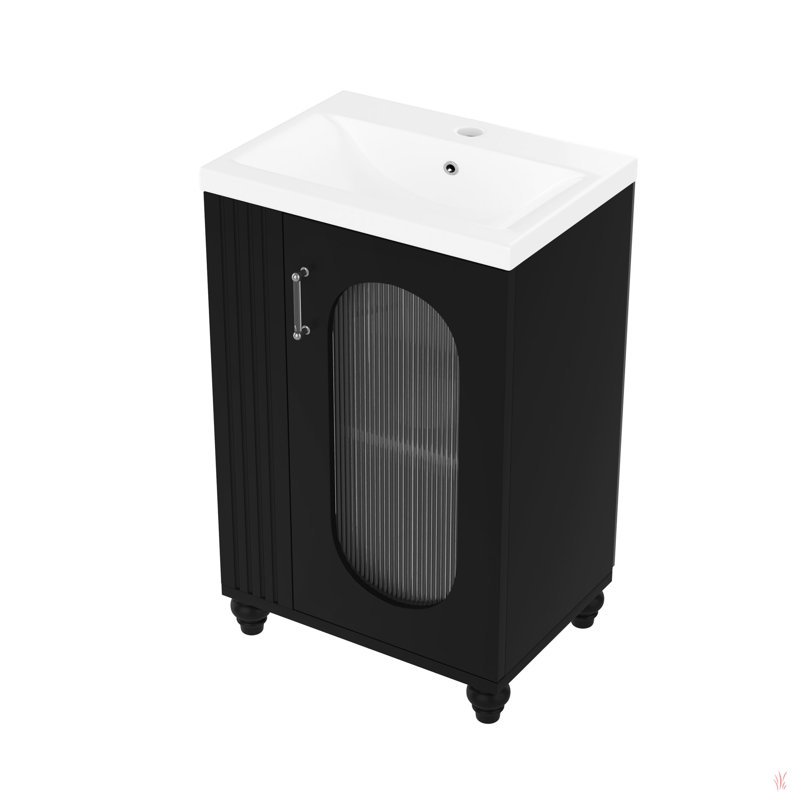 Meuble-lavabo de 20 po avec lavabo, meuble-lavabo avec tablette à deux niveaux, tablette réglable, bois massif et panneau de fibres à densité moyenne