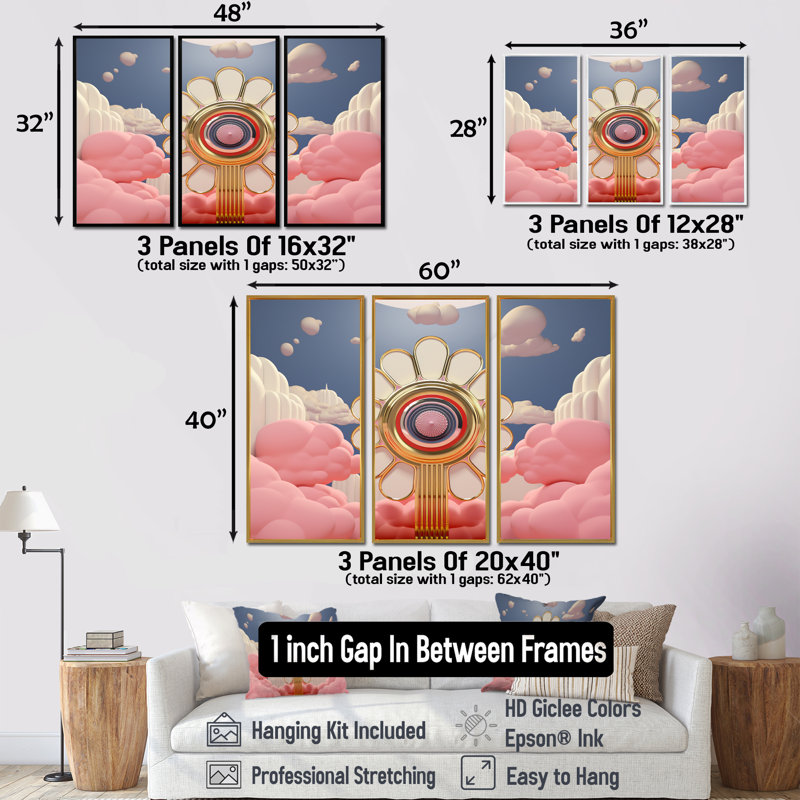 «Pink Blessing Flower In The Sky», ensemble d'art mural paysage abstrait, Encadrement argenté, H 40 po x l 60 po x P 1 po