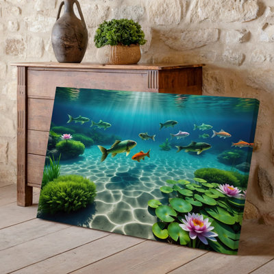 Canvas A Serene Underwater Scene Featuring Vibrant Koi Fish Swimming Gracefully Wall Art Among Lush Green Aquatic Plants And Colorful Canvas Wall Art
