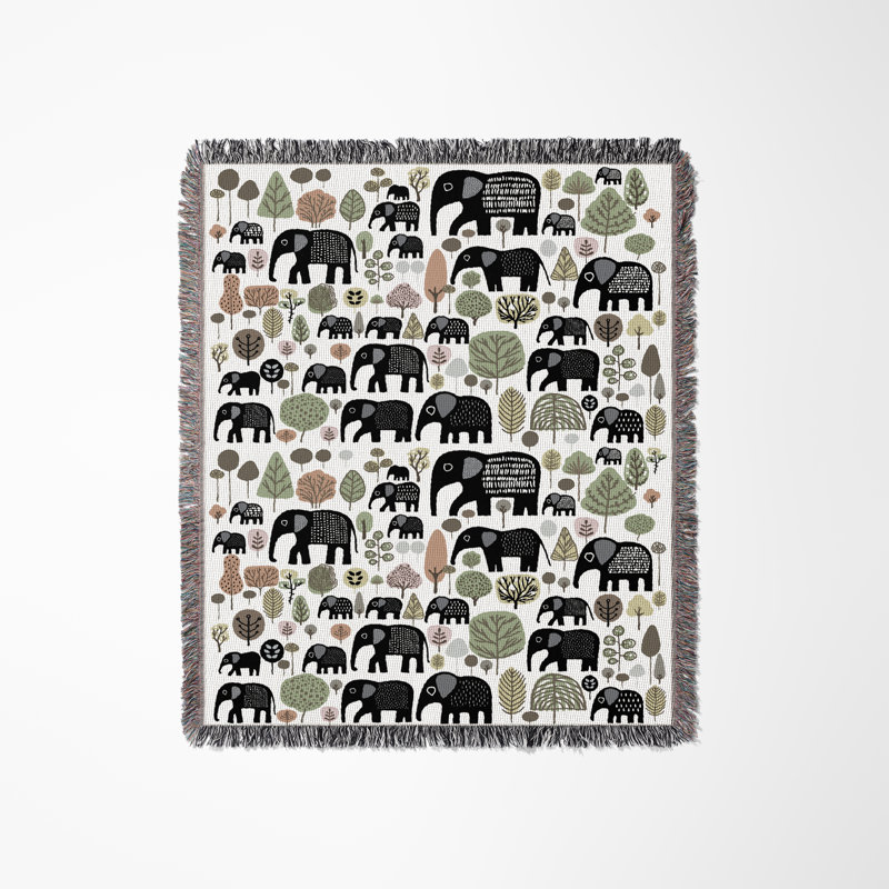 Jeté en mélange de coton Alfie Elephant, L 70 po x l 50 po, Noir / blanc cassé