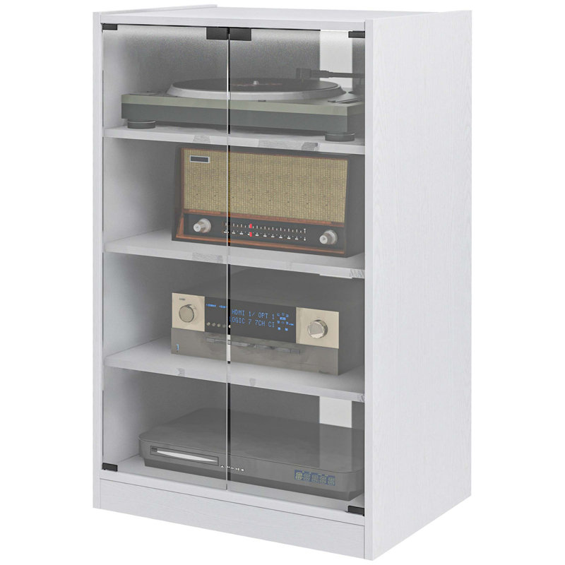 Media Cabinet, 4-Tier Stereo Cabinet, Modern Audio Video Media Stand With Adjustable Shelves, Tempered Glass Doors, And Cable Management