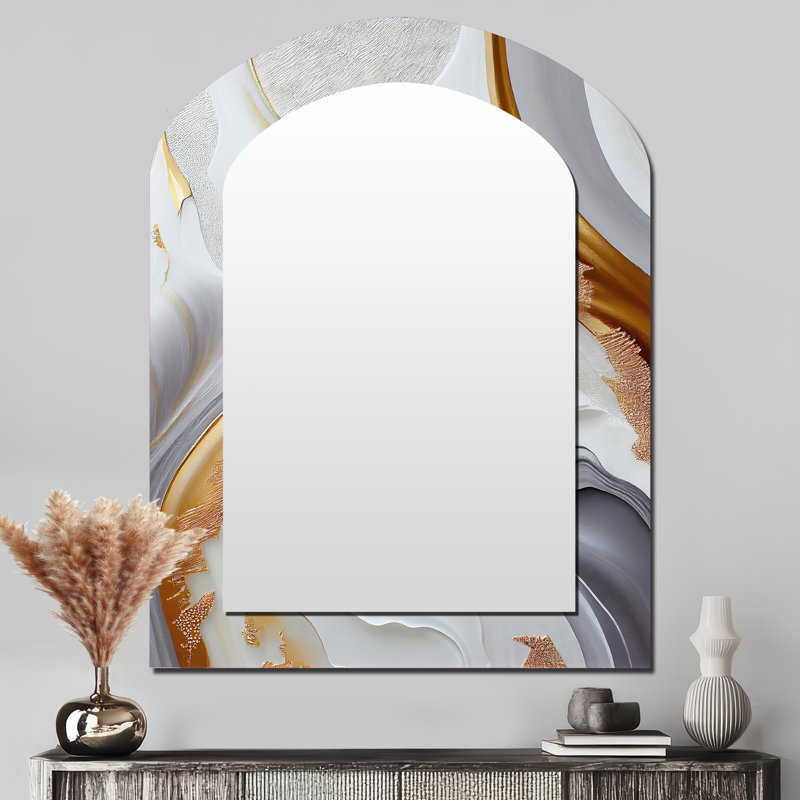 White And Gold Marble Abstract I - Marble Asymmetrical Large Wall Mirror, Modern Arch Unique Mirror, Printed Metal Art