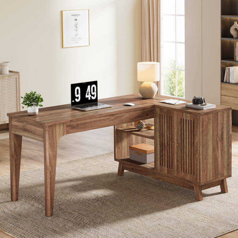 144.8Cm W L-Shaped Writing Desk and Cabinet, Walnut