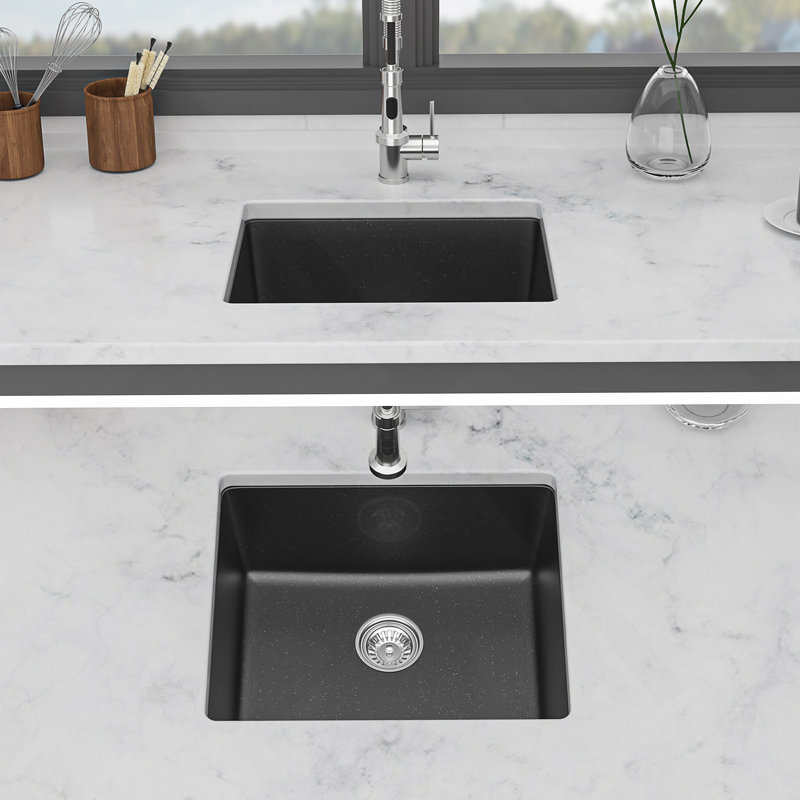Quartz Kitchen Sink - 21" X 18" X 9.65" Black Granite Composite Undermount Bar Sink
