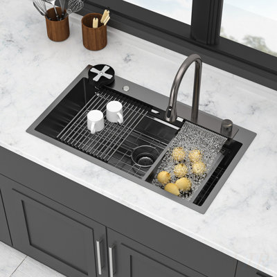 33 Inch Gunmetal Black Waterfall Sink - Single Bowl 16 Gauge Stainless Steel Ledge Workstation Top Mount Kitchen Sink