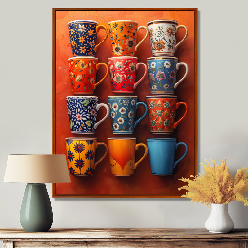 Tasse de café rouge et bleu Boho Morning I - Coffee Wall Art Living Room, Cadre flottant brun, H 16 po x l 32 po