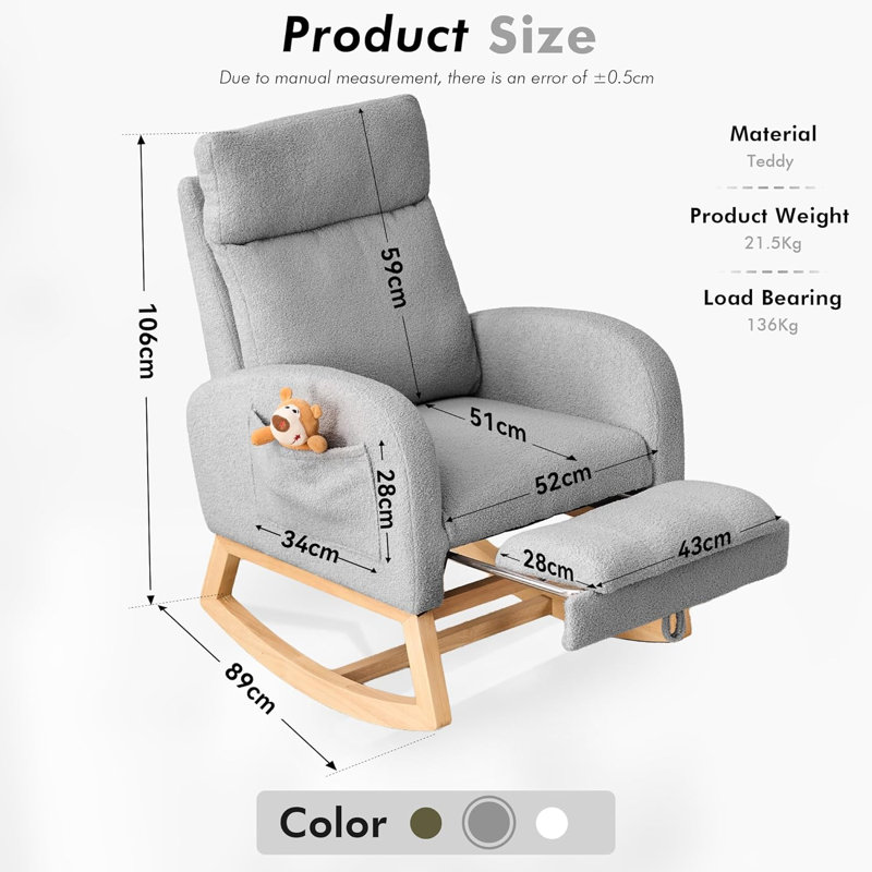 Nursing Rocking Chairs for Adults, Teddy Nursery Rocking Chair for Mum, Grey
