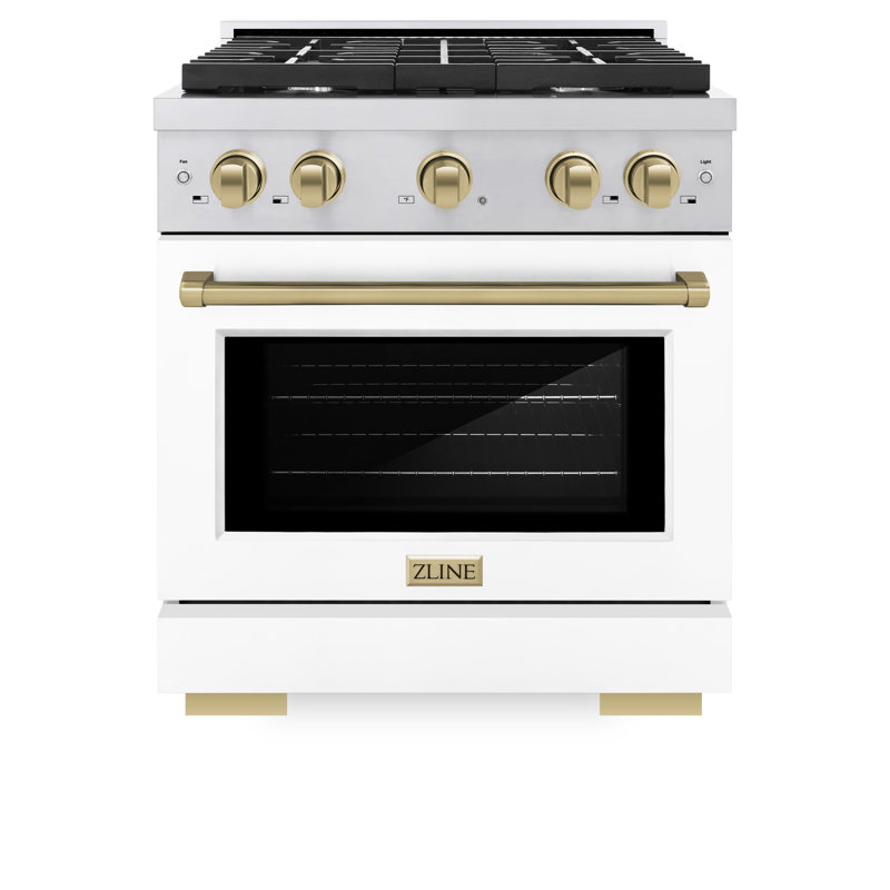 Cuisinière à gaz ZLINE Autograph de 30 po avec 4 brûleurs et porte blanche avec accents bronze ZLINE
