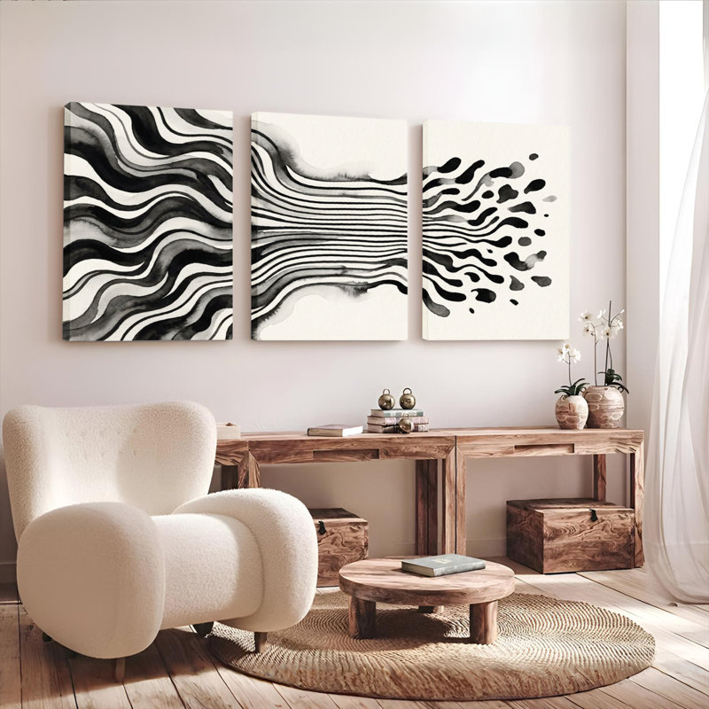 Ensemble de 3 tableaux abstraits à motifs de vagues en noir et blanc sur toile tendue, pour la décoration du salon et de la chambre.