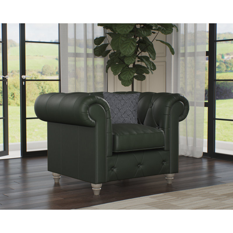 Melrose 115Cm Wide Tufted Genuine Leather Armchair, Hunter Green, Washed Oak