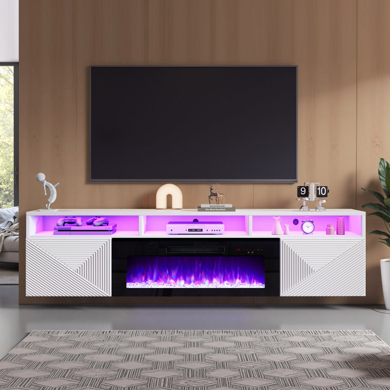 Delphi Floating Fireplace Tv Stand, Led Light & 3 Extra Storage Shelves, White/Black, 80"