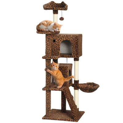 63 Inch Cat Tree with Sisal Scratching Posts, Condos, Leopard Print